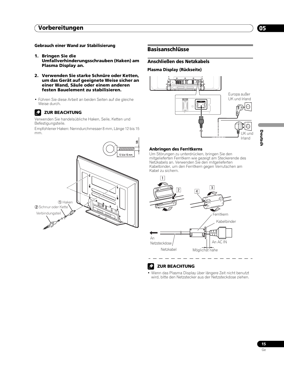 Basisanschlüsse, Anschließen des netzkabels, Vorbereitungen 05 | Pioneer PDP-436RXE User Manual | Page 103 / 136