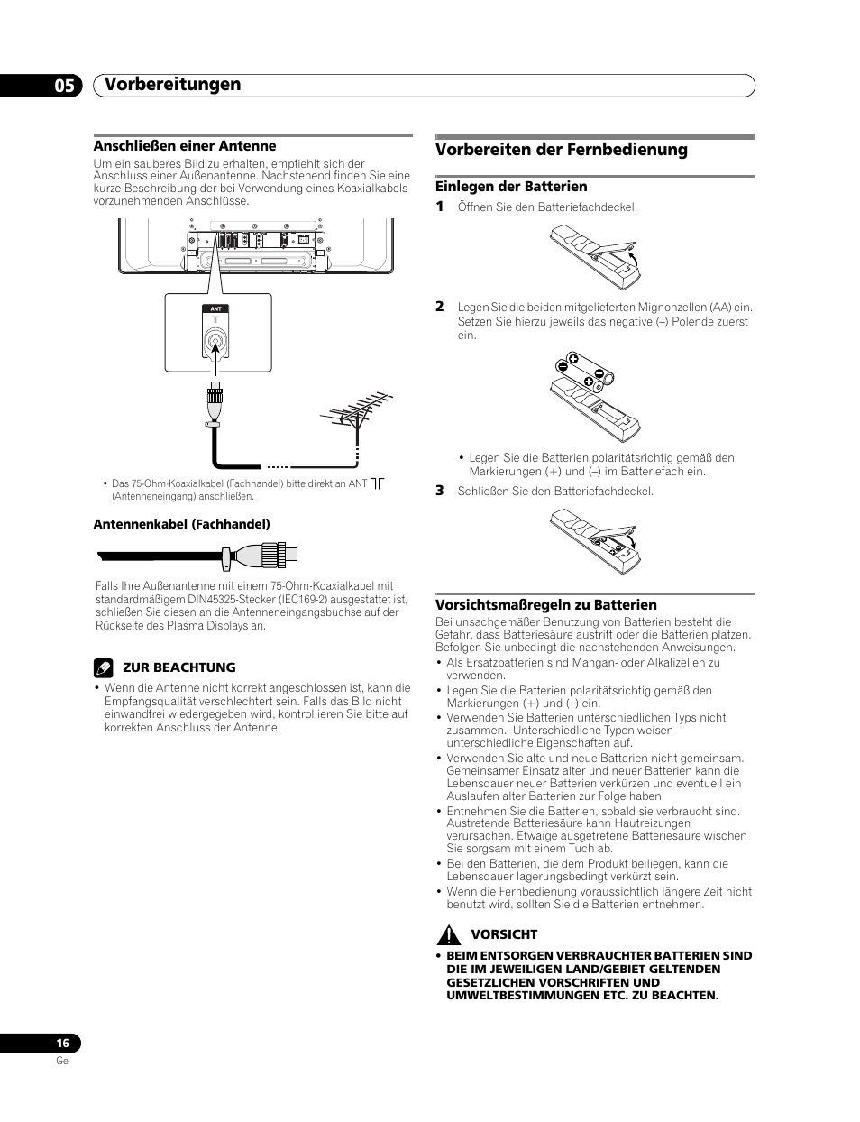 Anschließen einer antenne, Vorbereiten der fernbedienung, Vorbereitungen 05 | Pioneer PDP-436RXE User Manual | Page 104 / 136