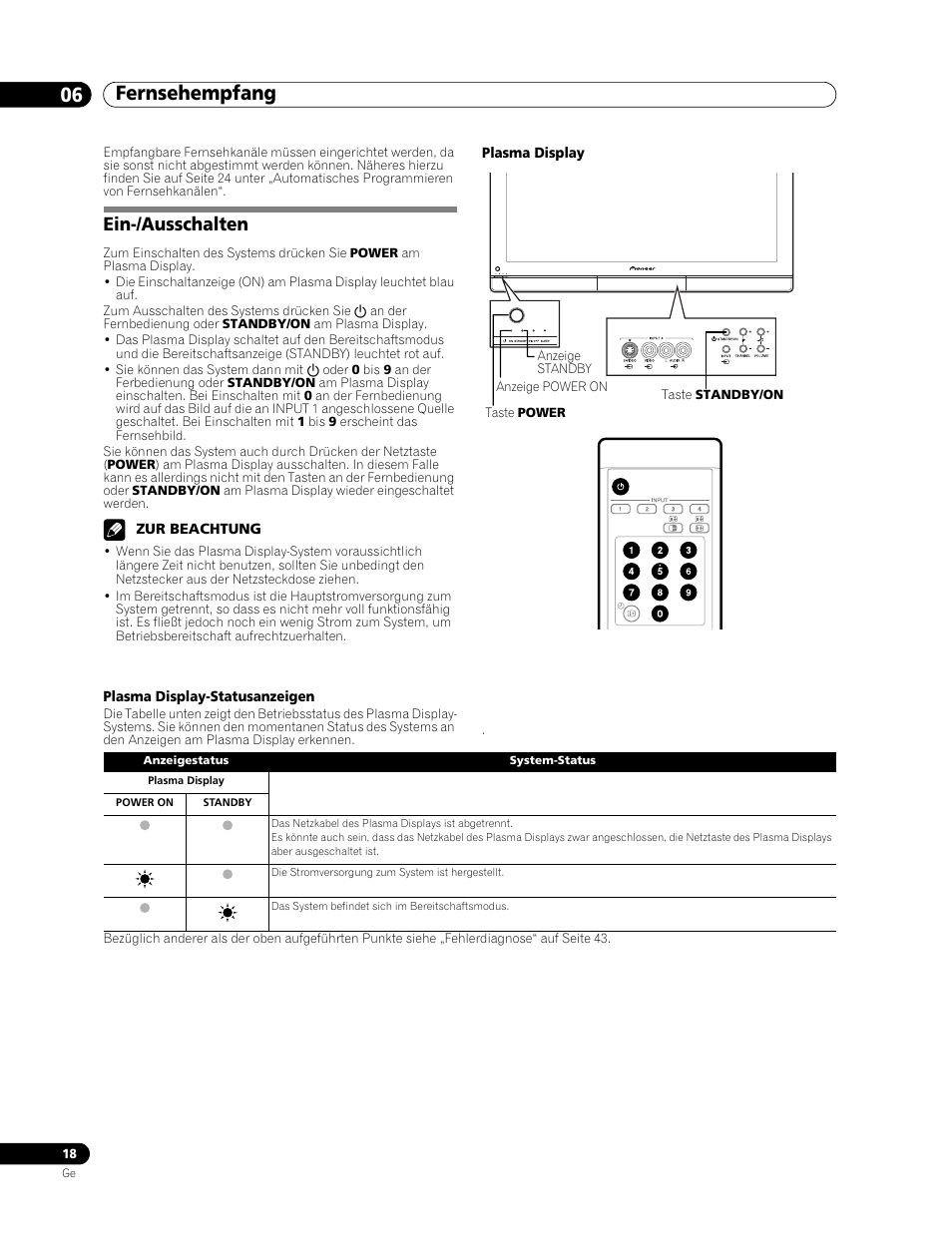 06 fernsehempfang, Ein-/ausschalten, Fernsehempfang 06 fernsehempfang | Pioneer PDP-436RXE User Manual | Page 106 / 136