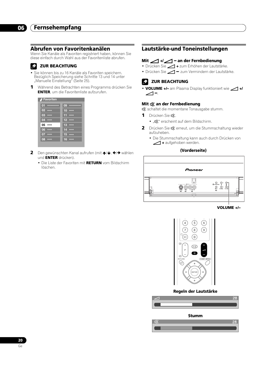 Fernsehempfang 06, Abrufen von favoritenkanälen, Lautstärke-und toneinstellungen | Pioneer PDP-436RXE User Manual | Page 108 / 136