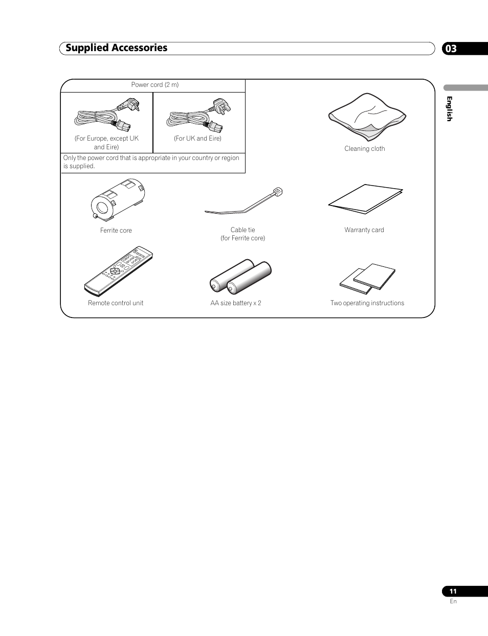 03 supplied accessories, Supplied accessories 03, Supplied accessories | Pioneer PDP-436RXE User Manual | Page 11 / 136