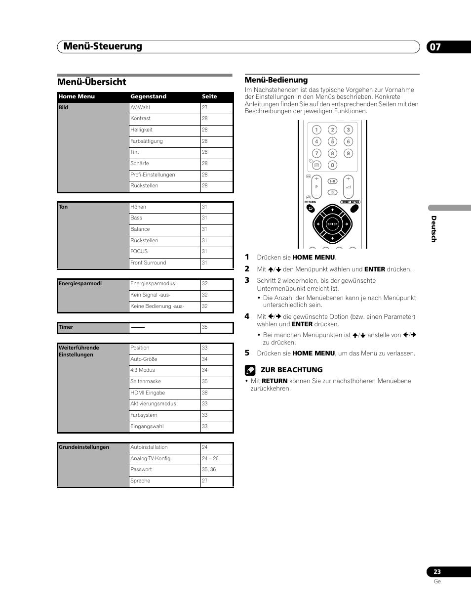 07 menü-steuerung, Menü-übersicht, Menü-bedienung | Menü-steuerung 07, Menü-steuerung | Pioneer PDP-436RXE User Manual | Page 111 / 136
