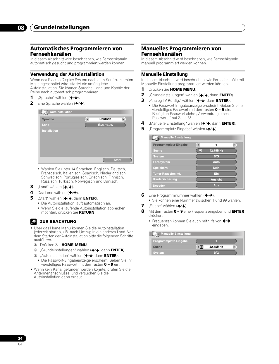 08 grundeinstellungen, Automatisches programmieren von fernsehkanälen, Verwendung der autoinstallation | Manuelles programmieren von fernsehkanälen, Manuelle einstellung, Grundeinstellungen 08 grundeinstellungen | Pioneer PDP-436RXE User Manual | Page 112 / 136