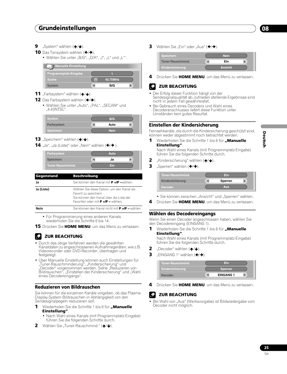 Grundeinstellungen 08, Reduzieren von bildrauschen, Einstellen der kindersicherung | Wählen des decodereingangs | Pioneer PDP-436RXE User Manual | Page 113 / 136