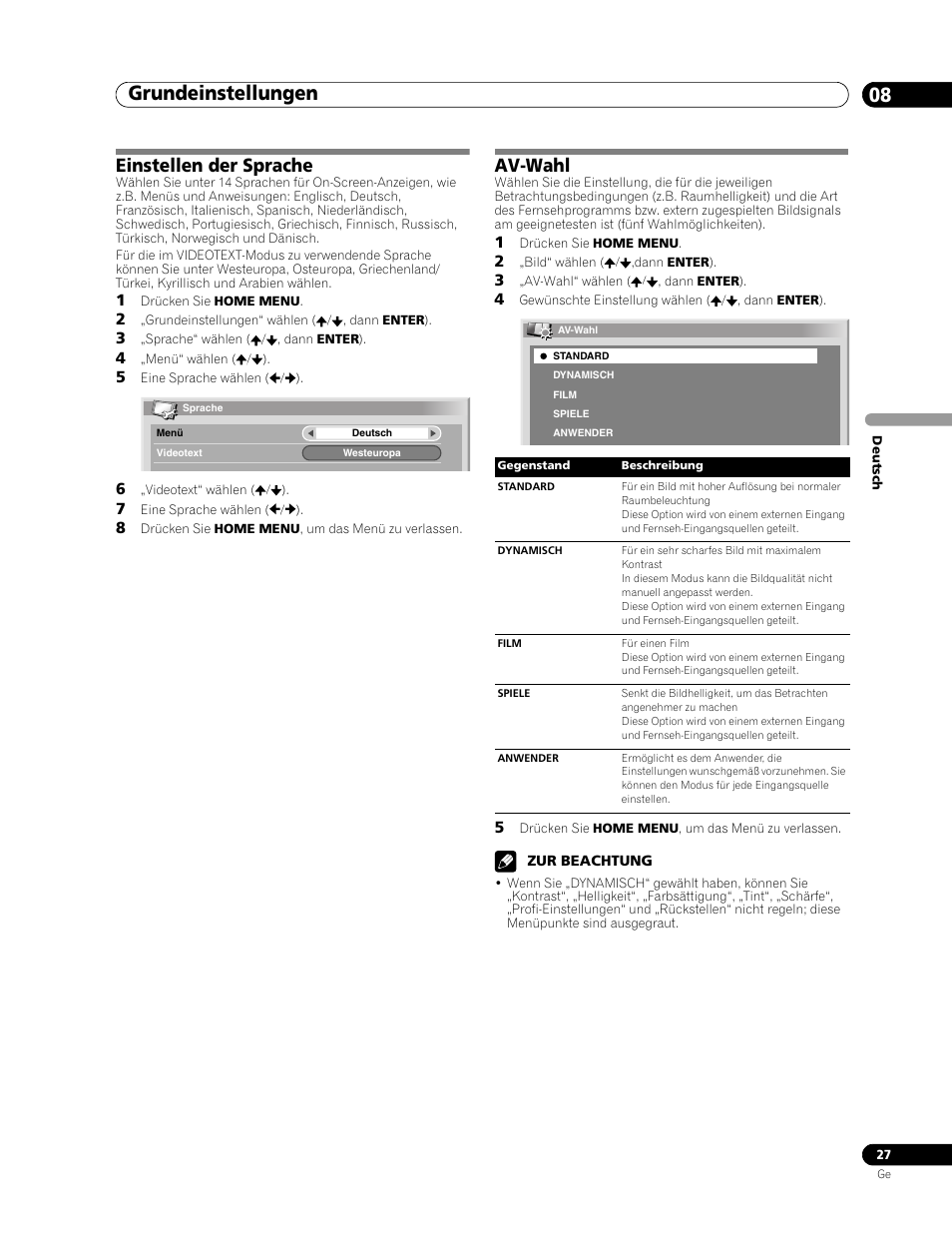Einstellen der sprache av-wahl, Grundeinstellungen 08, Einstellen der sprache | Av-wahl | Pioneer PDP-436RXE User Manual | Page 115 / 136