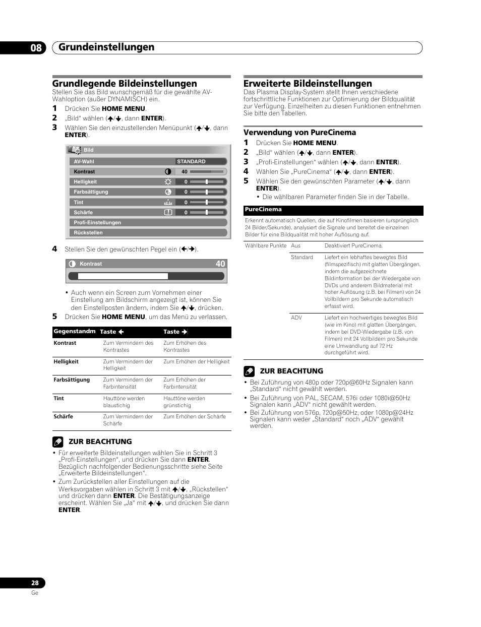 Verwendung von purecinema, Grundeinstellungen 08, Grundlegende bildeinstellungen | Erweiterte bildeinstellungen, Verwendung von purecinema 1 | Pioneer PDP-436RXE User Manual | Page 116 / 136