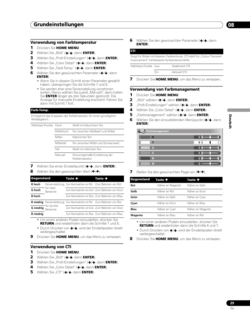 Grundeinstellungen 08, Verwendung von farbtemperatur 1, Verwendung von cti 1 | Verwendung von farbmanagement 1 | Pioneer PDP-436RXE User Manual | Page 117 / 136