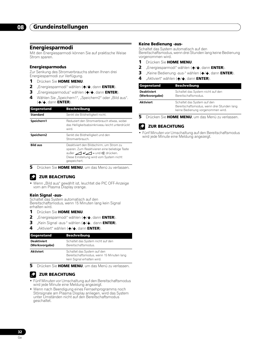 Energiesparmodi, Grundeinstellungen 08 | Pioneer PDP-436RXE User Manual | Page 120 / 136