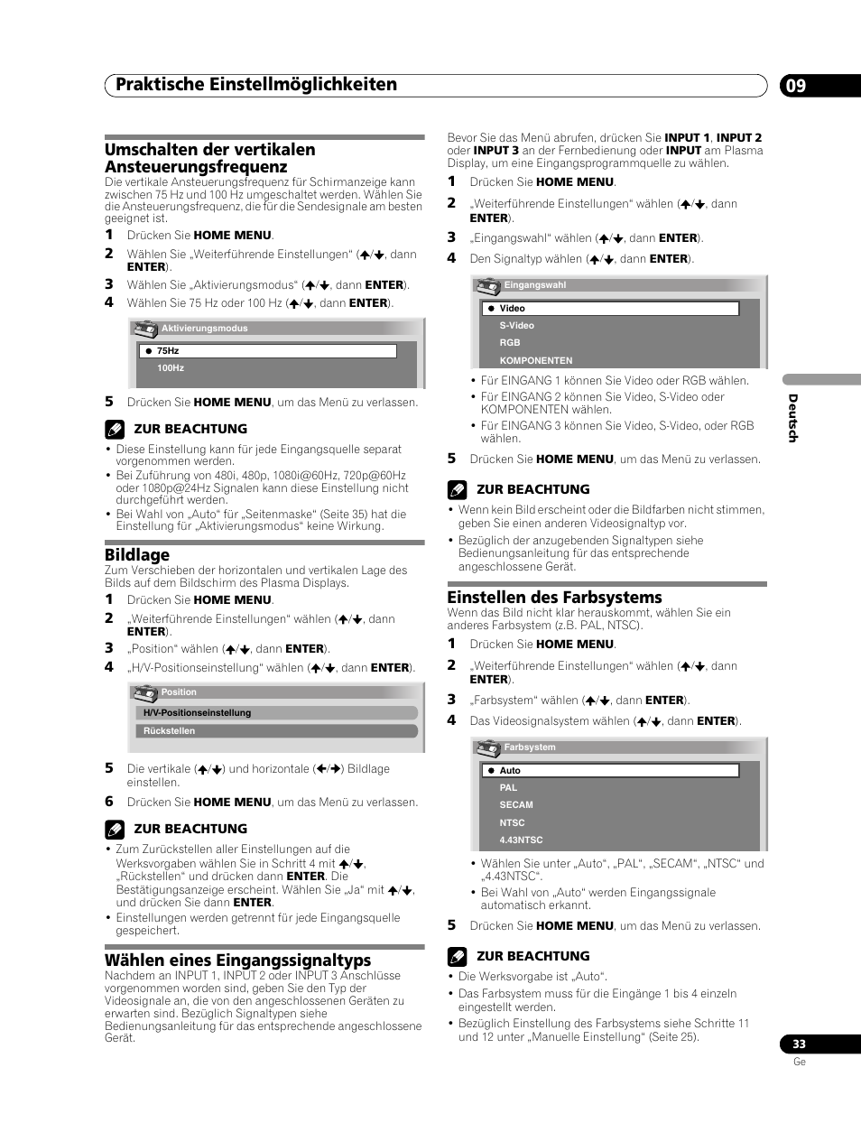 09 praktische einstellmöglichkeiten, Praktische einstellmöglichkeiten 09, Praktische einstellmöglichkeiten | Umschalten der vertikalen ansteuerungsfrequenz, Bildlage, Wählen eines eingangssignaltyps, Einstellen des farbsystems | Pioneer PDP-436RXE User Manual | Page 121 / 136