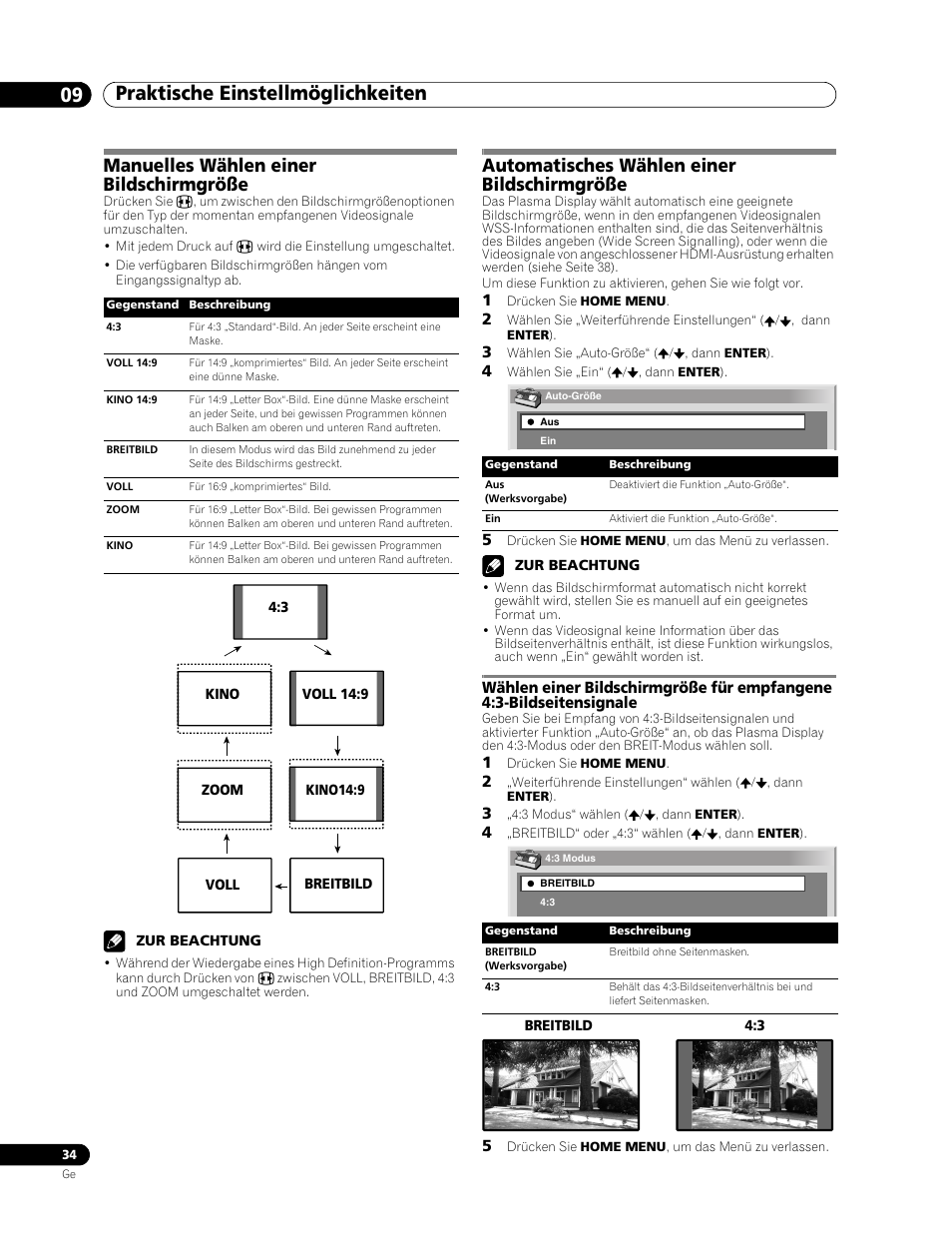 Praktische einstellmöglichkeiten 09, Manuelles wählen einer bildschirmgröße, Automatisches wählen einer bildschirmgröße | Pioneer PDP-436RXE User Manual | Page 122 / 136