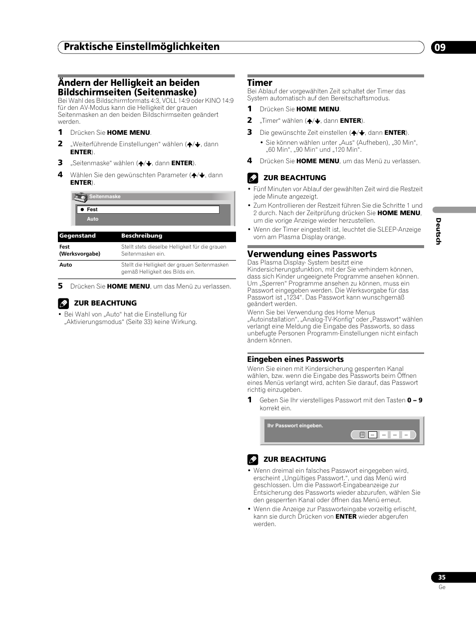 Eingeben eines passworts, Praktische einstellmöglichkeiten 09, Timer | Verwendung eines passworts | Pioneer PDP-436RXE User Manual | Page 123 / 136