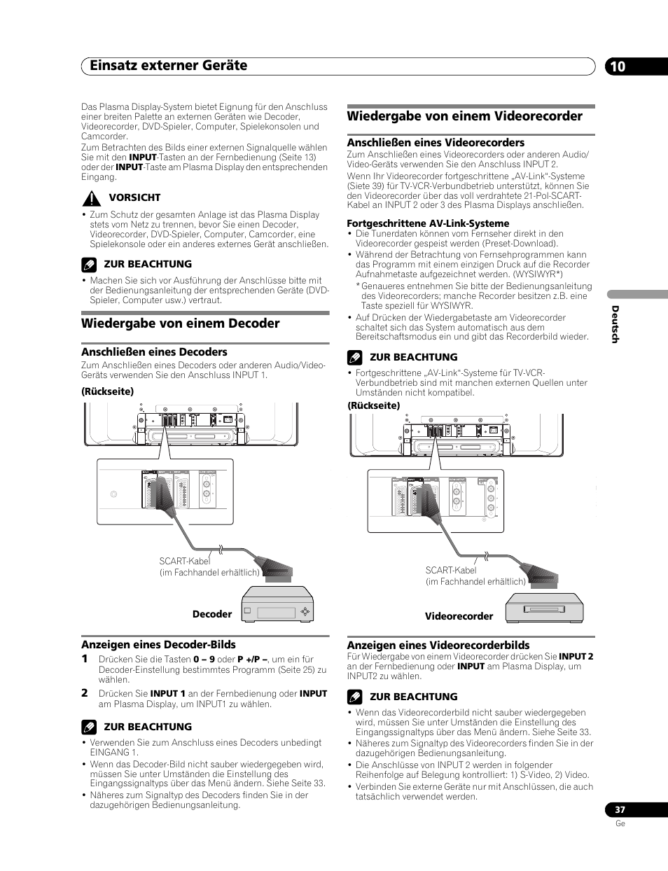 10 einsatz externer geräte, Wiedergabe von einem decoder, Wiedergabe von einem videorecorder | Einsatz externer geräte 10, Einsatz externer geräte, Anschließen eines decoders, Anzeigen eines decoder-bilds 1, Anschließen eines videorecorders, Anzeigen eines videorecorderbilds | Pioneer PDP-436RXE User Manual | Page 125 / 136
