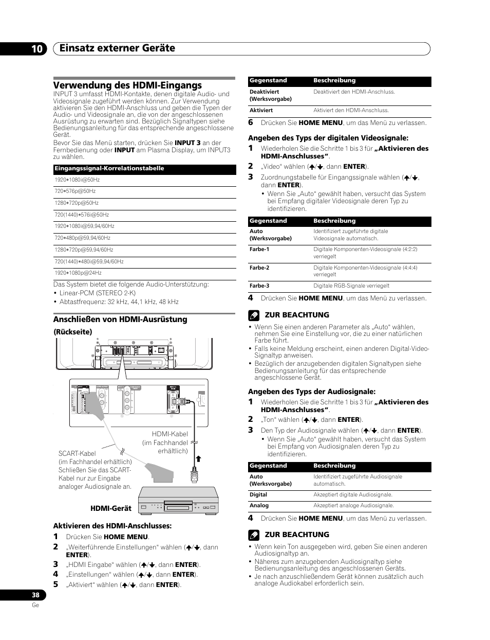 Verwendung des hdmi-eingangs, Anschließen von hdmi-ausrüstung, Einsatz externer geräte 10 | Pioneer PDP-436RXE User Manual | Page 126 / 136