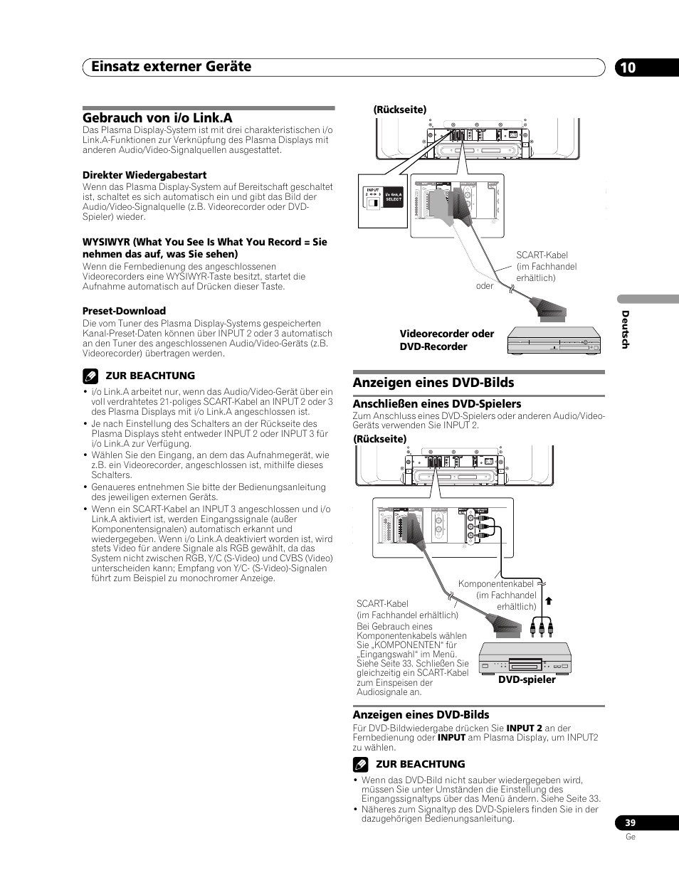 Gebrauch von i/o link.a anzeigen eines dvd-bilds, Einsatz externer geräte 10, Gebrauch von i/o link.a | Anzeigen eines dvd-bilds, Anschließen eines dvd-spielers | Pioneer PDP-436RXE User Manual | Page 127 / 136