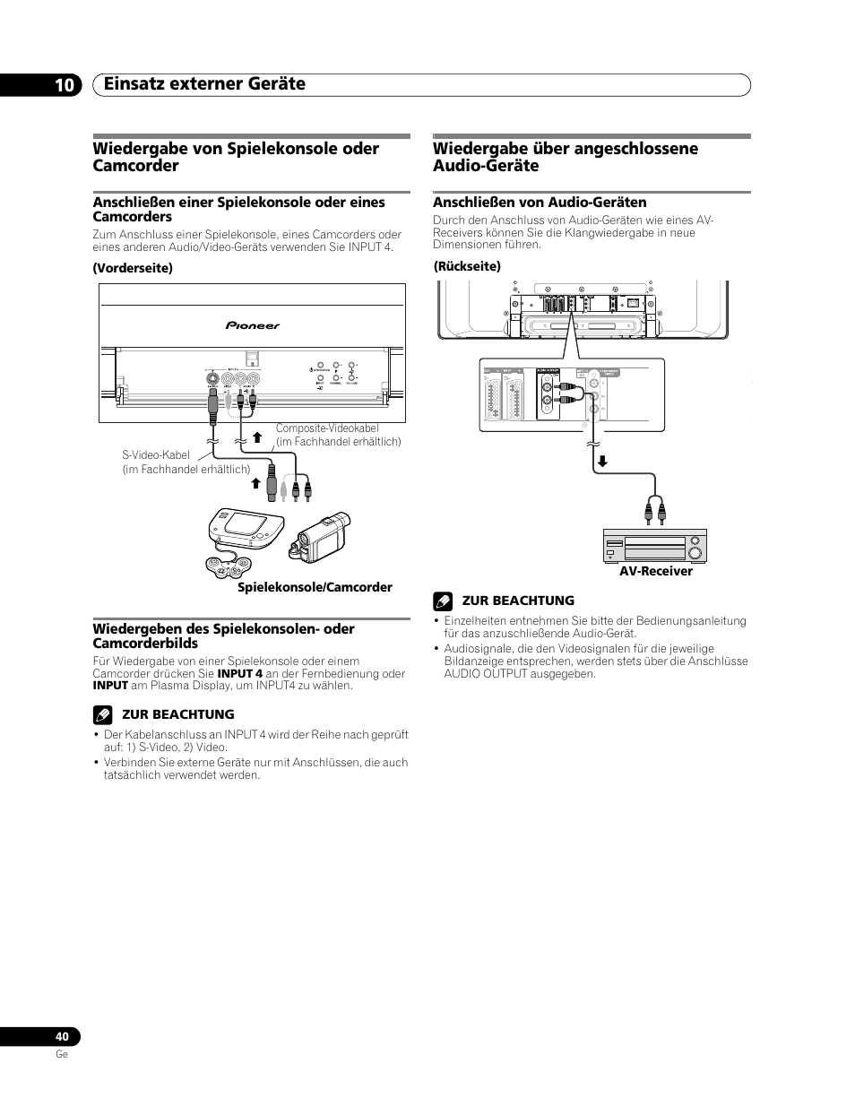 Wiedergabe von spielekonsole oder camcorder, Wiedergabe über angeschlossene audio-geräte, Anschließen von audio-geräten | Einsatz externer geräte 10 | Pioneer PDP-436RXE User Manual | Page 128 / 136