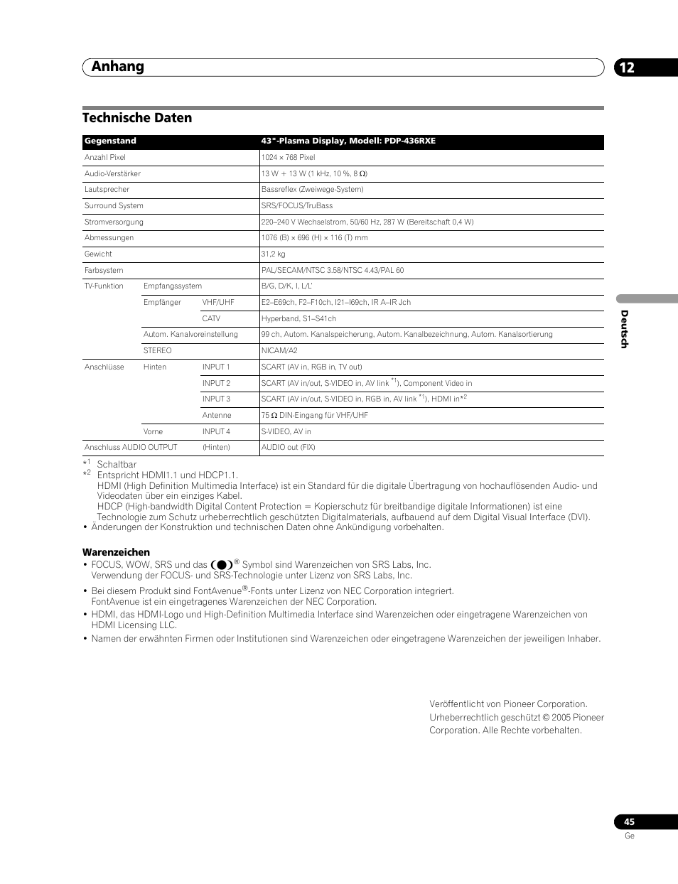 Technische daten, Anhang 12 | Pioneer PDP-436RXE User Manual | Page 133 / 136