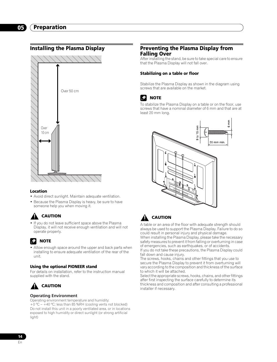 05 preparation, Preparation 05 preparation, Installing the plasma display | Preventing the plasma display from falling over | Pioneer PDP-436RXE User Manual | Page 14 / 136