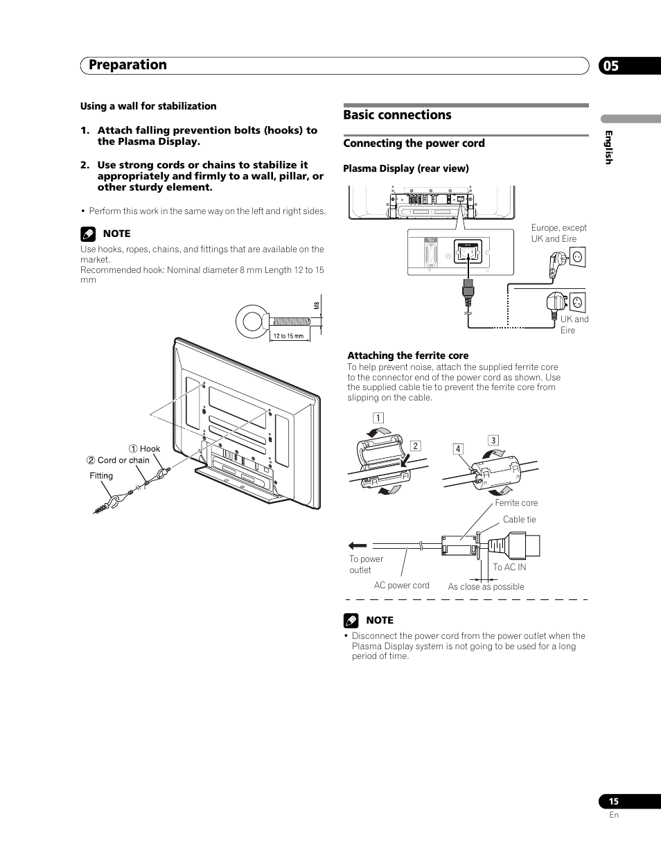 Basic connections, Connecting the power cord, Preparation 05 | Pioneer PDP-436RXE User Manual | Page 15 / 136