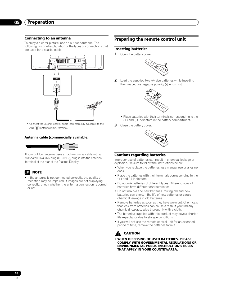 Connecting to an antenna, Preparing the remote control unit, Inserting batteries cautions regarding batteries | Preparation 05 | Pioneer PDP-436RXE User Manual | Page 16 / 136