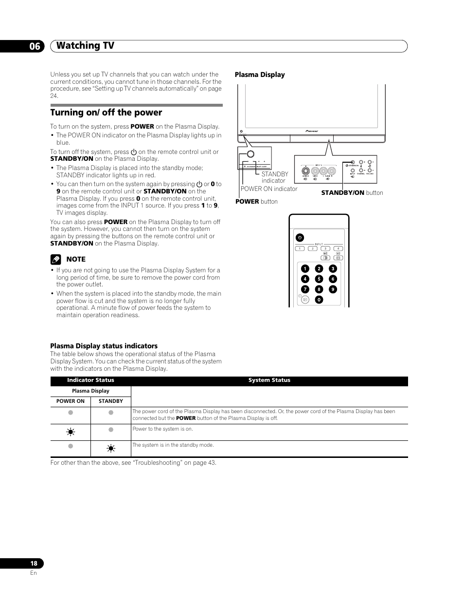 06 watching tv, Turning on/ off the power, Watching tv 06 watching tv | Pioneer PDP-436RXE User Manual | Page 18 / 136