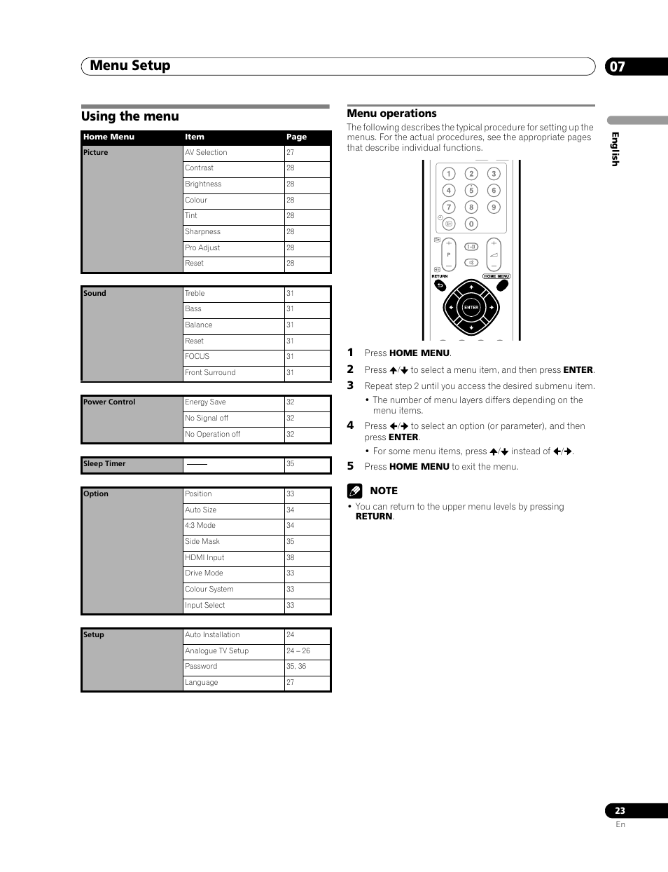07 menu setup, Using the menu, Menu operations | Menu setup 07, Menu setup | Pioneer PDP-436RXE User Manual | Page 23 / 136