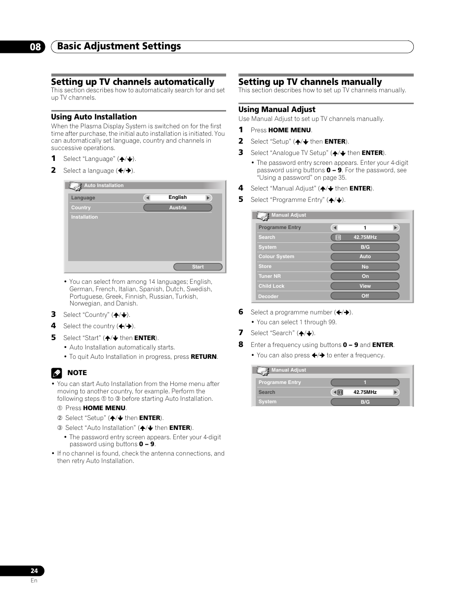 08 basic adjustment settings, Setting up tv channels automatically, Using auto installation | Setting up tv channels manually, Using manual adjust | Pioneer PDP-436RXE User Manual | Page 24 / 136