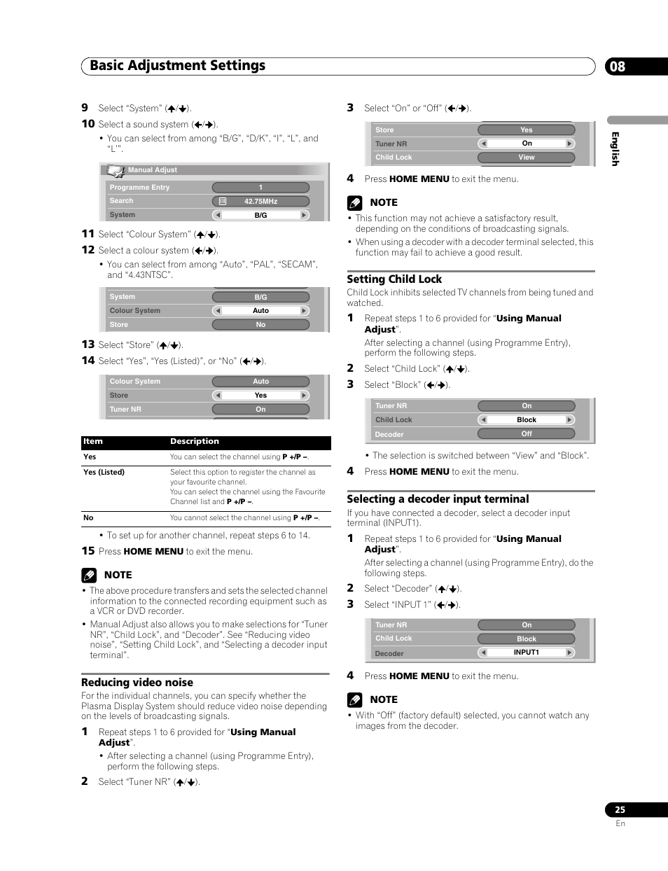 Basic adjustment settings 08, Reducing video noise, Setting child lock | Selecting a decoder input terminal | Pioneer PDP-436RXE User Manual | Page 25 / 136