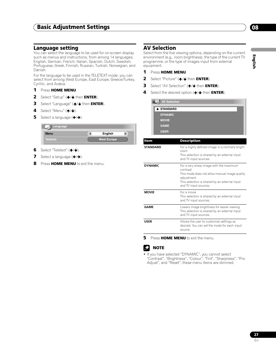 Language setting av selection, Basic adjustment settings 08, Language setting | Av selection | Pioneer PDP-436RXE User Manual | Page 27 / 136