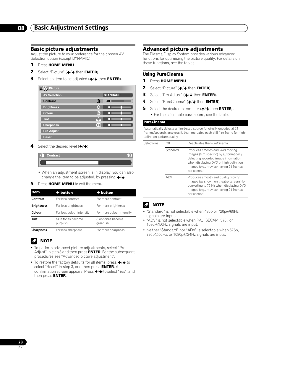 Using purecinema, Basic adjustment settings 08, Basic picture adjustments | Advanced picture adjustments, Using purecinema 1 | Pioneer PDP-436RXE User Manual | Page 28 / 136