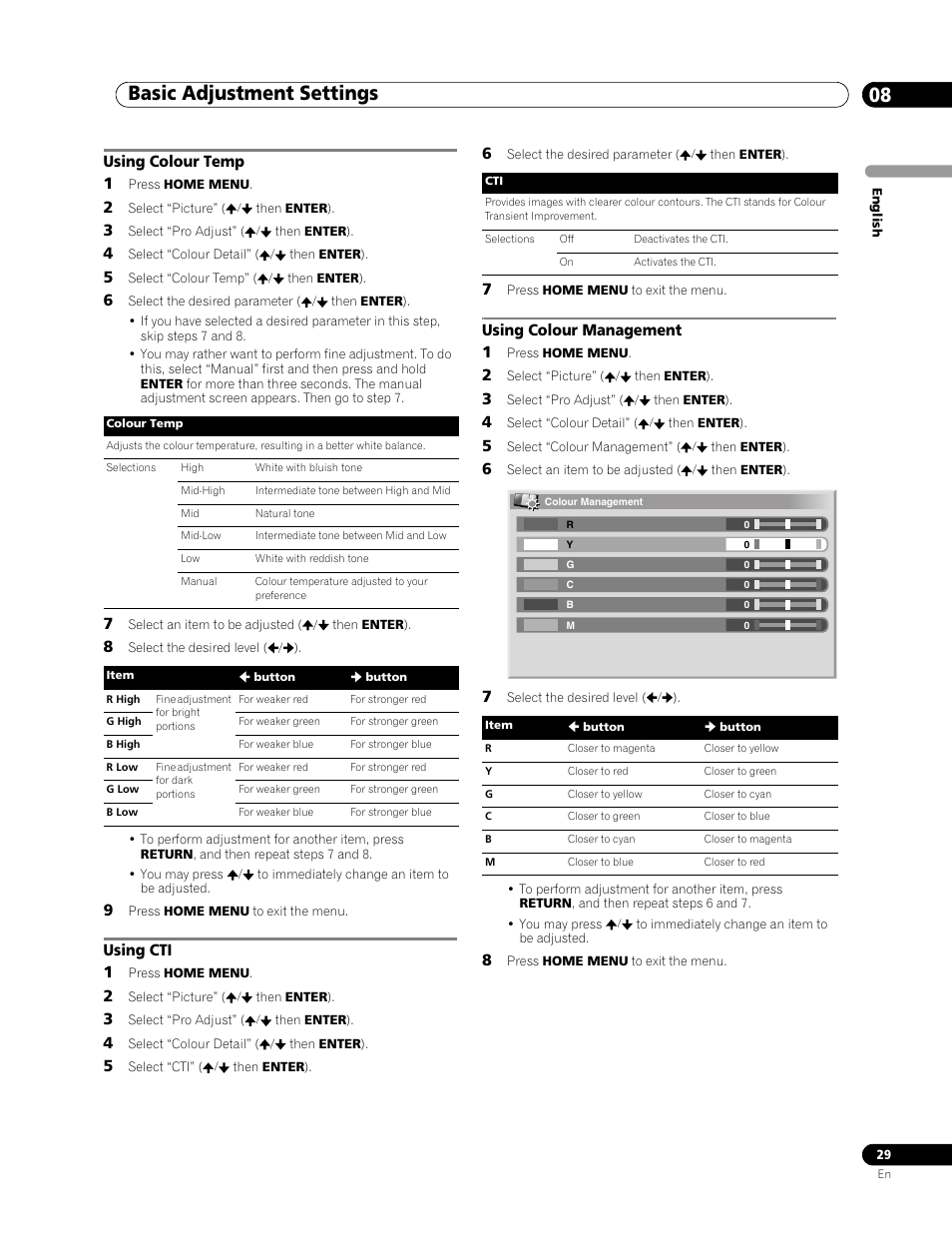 Basic adjustment settings 08, Using colour temp 1, Using cti 1 | Using colour management 1 | Pioneer PDP-436RXE User Manual | Page 29 / 136