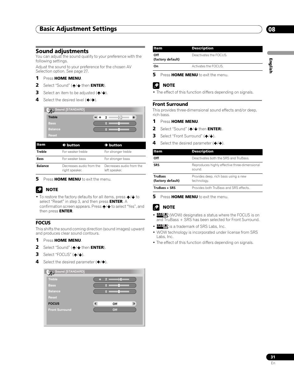 Sound adjustments, Focus front surround, Basic adjustment settings 08 | Focus, Front surround | Pioneer PDP-436RXE User Manual | Page 31 / 136