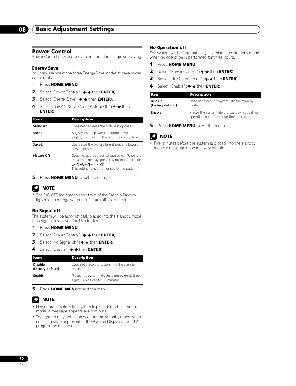 Power control, Basic adjustment settings 08 | Pioneer PDP-436RXE User Manual | Page 32 / 136