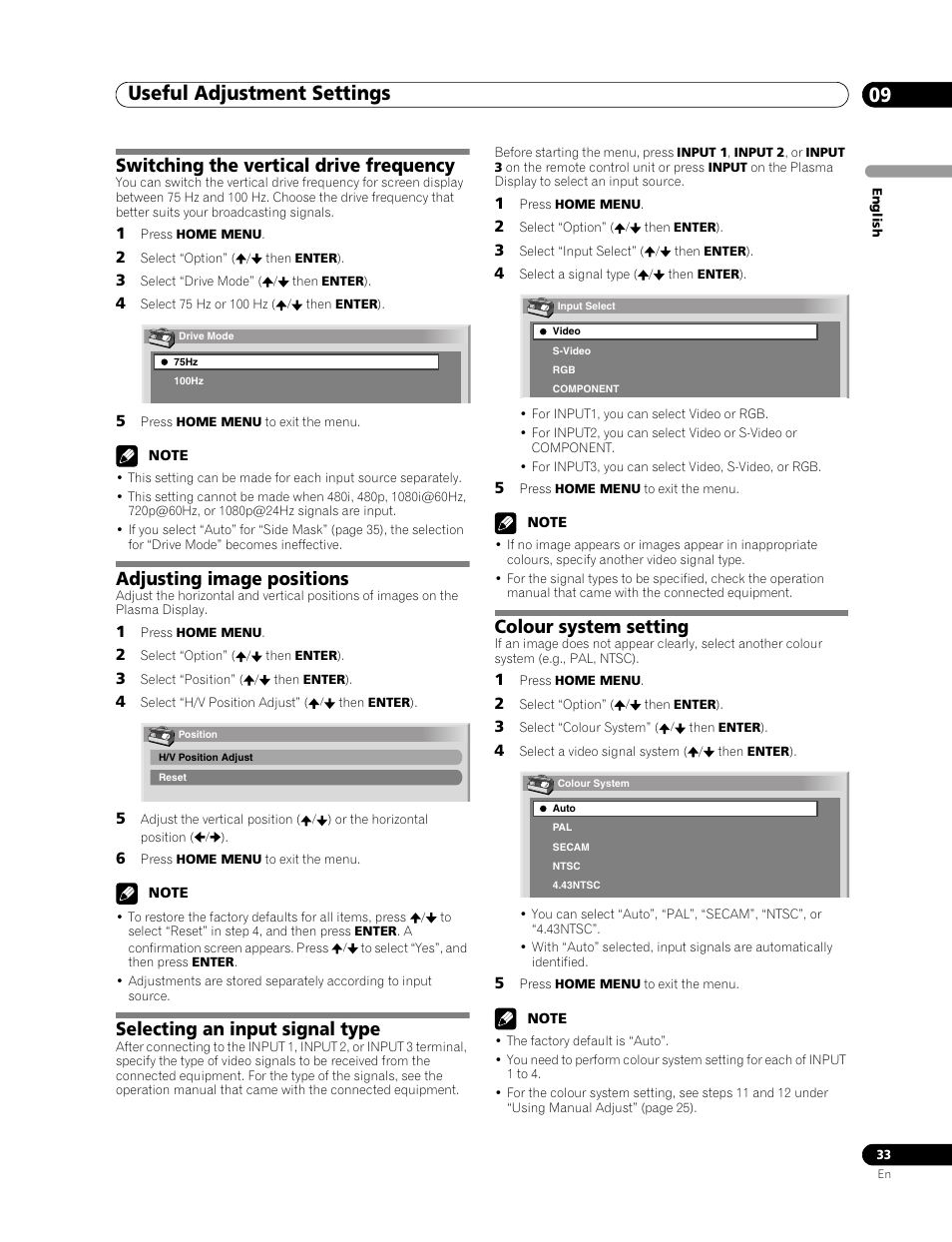 09 useful adjustment settings, Useful adjustment settings 09, Useful adjustment settings | Switching the vertical drive frequency, Adjusting image positions, Selecting an input signal type, Colour system setting | Pioneer PDP-436RXE User Manual | Page 33 / 136