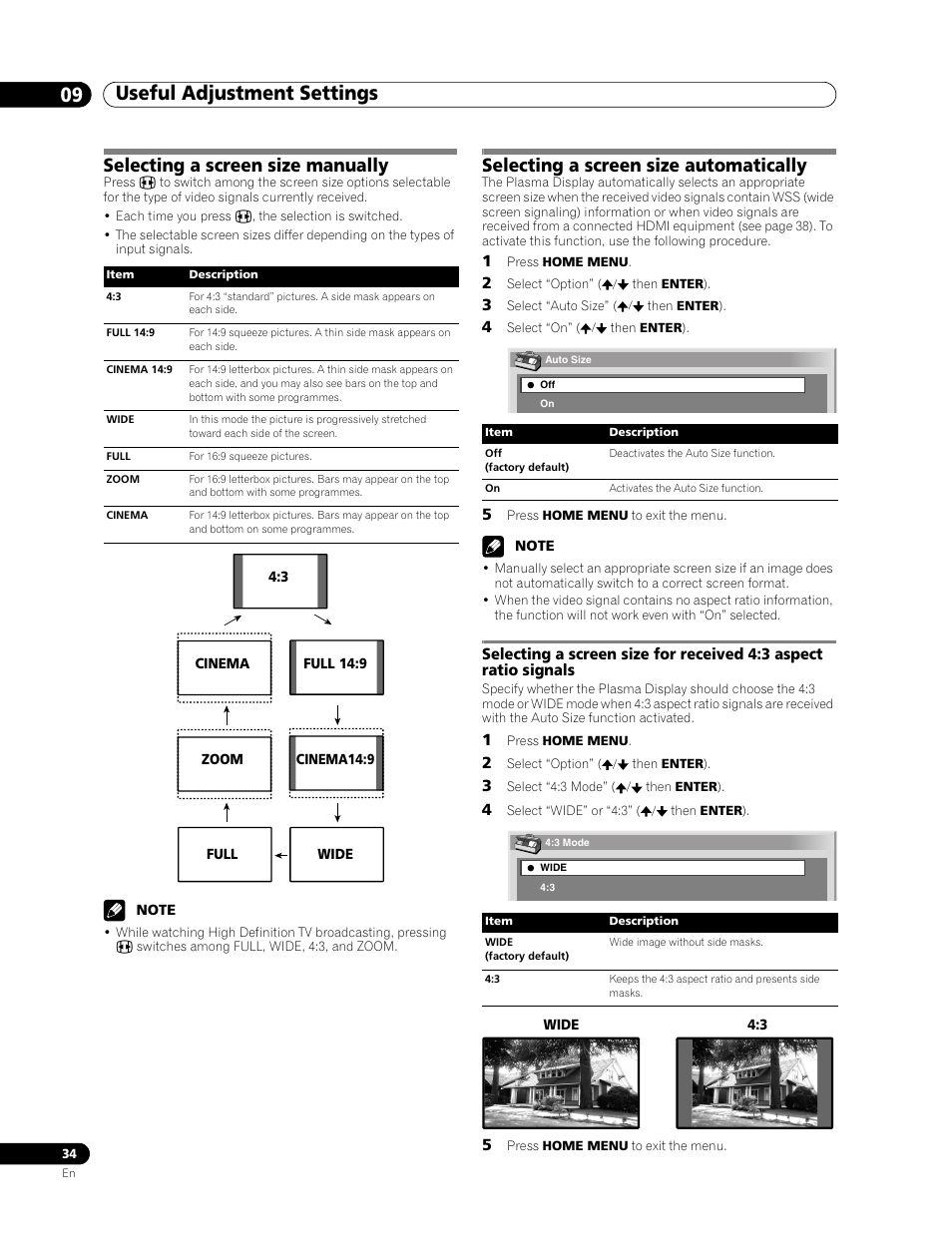 Useful adjustment settings 09, Selecting a screen size manually, Selecting a screen size automatically | Pioneer PDP-436RXE User Manual | Page 34 / 136