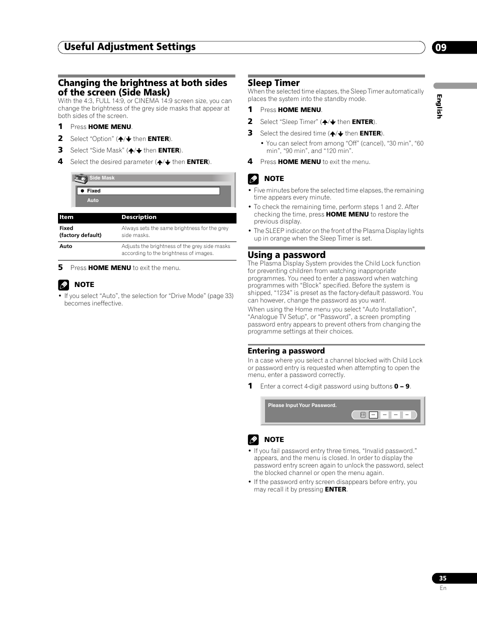 Entering a password, Useful adjustment settings 09, Sleep timer | Using a password | Pioneer PDP-436RXE User Manual | Page 35 / 136
