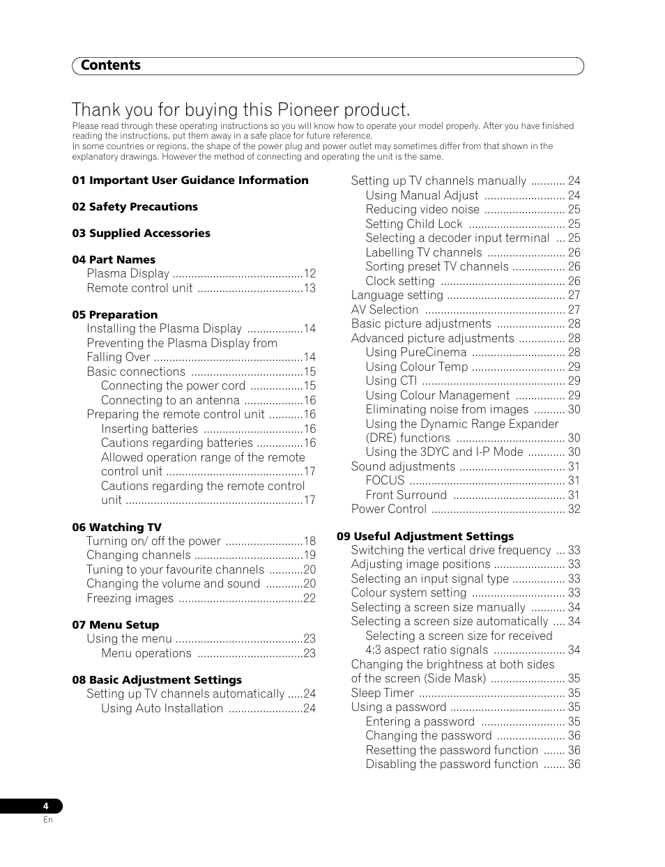 Pdp-436rxe, Operating instructions | Pioneer PDP-436RXE User Manual | Page 4 / 136