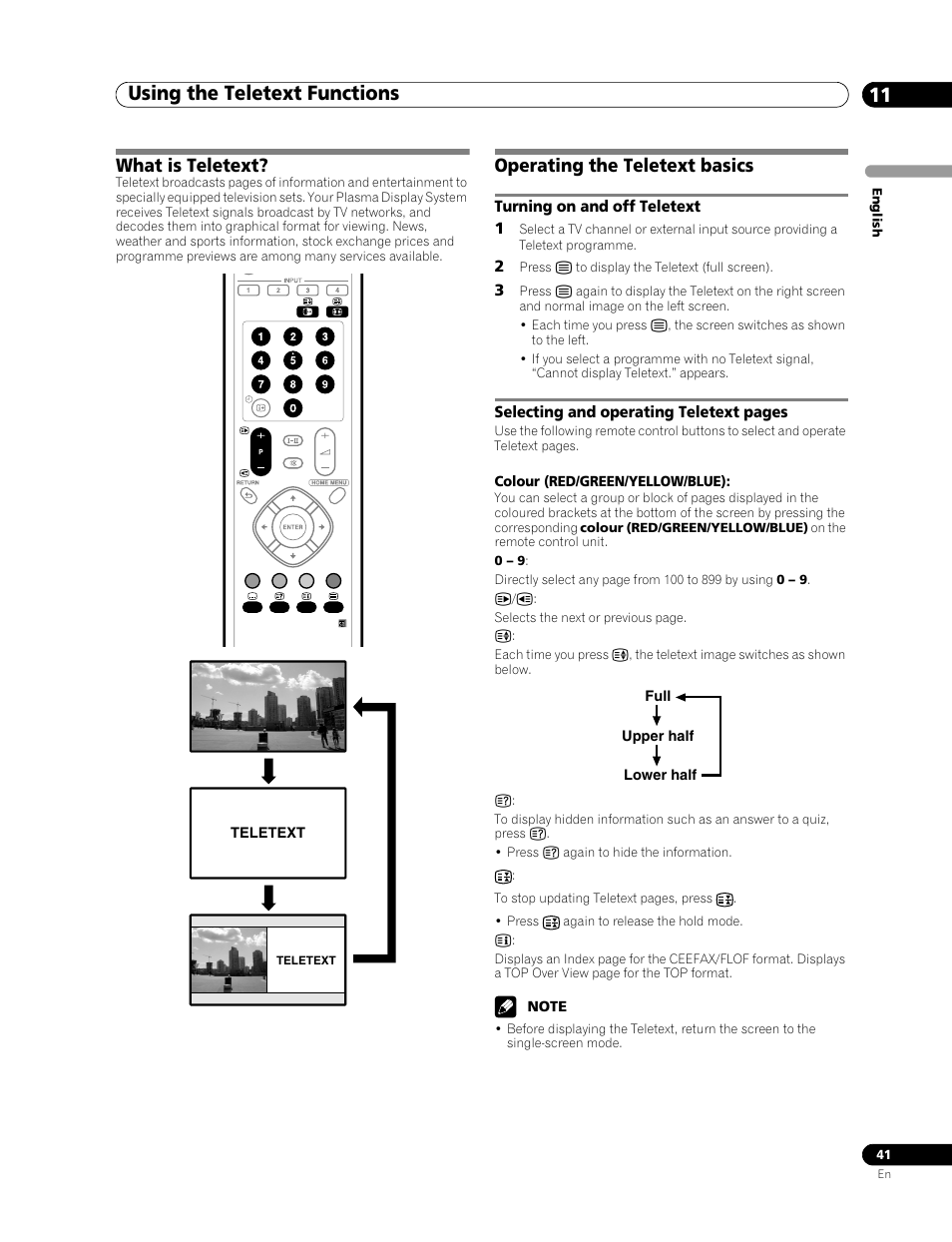 11 using the teletext functions, What is teletext? operating the teletext basics, Using the teletext functions 11 | Using the teletext functions, What is teletext, Operating the teletext basics | Pioneer PDP-436RXE User Manual | Page 41 / 136