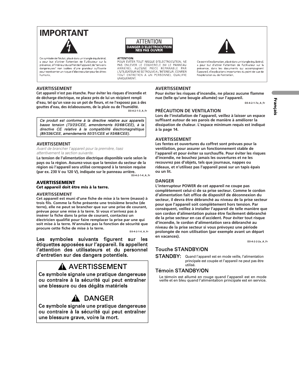 Avertissement, Danger | Pioneer PDP-436RXE User Manual | Page 47 / 136