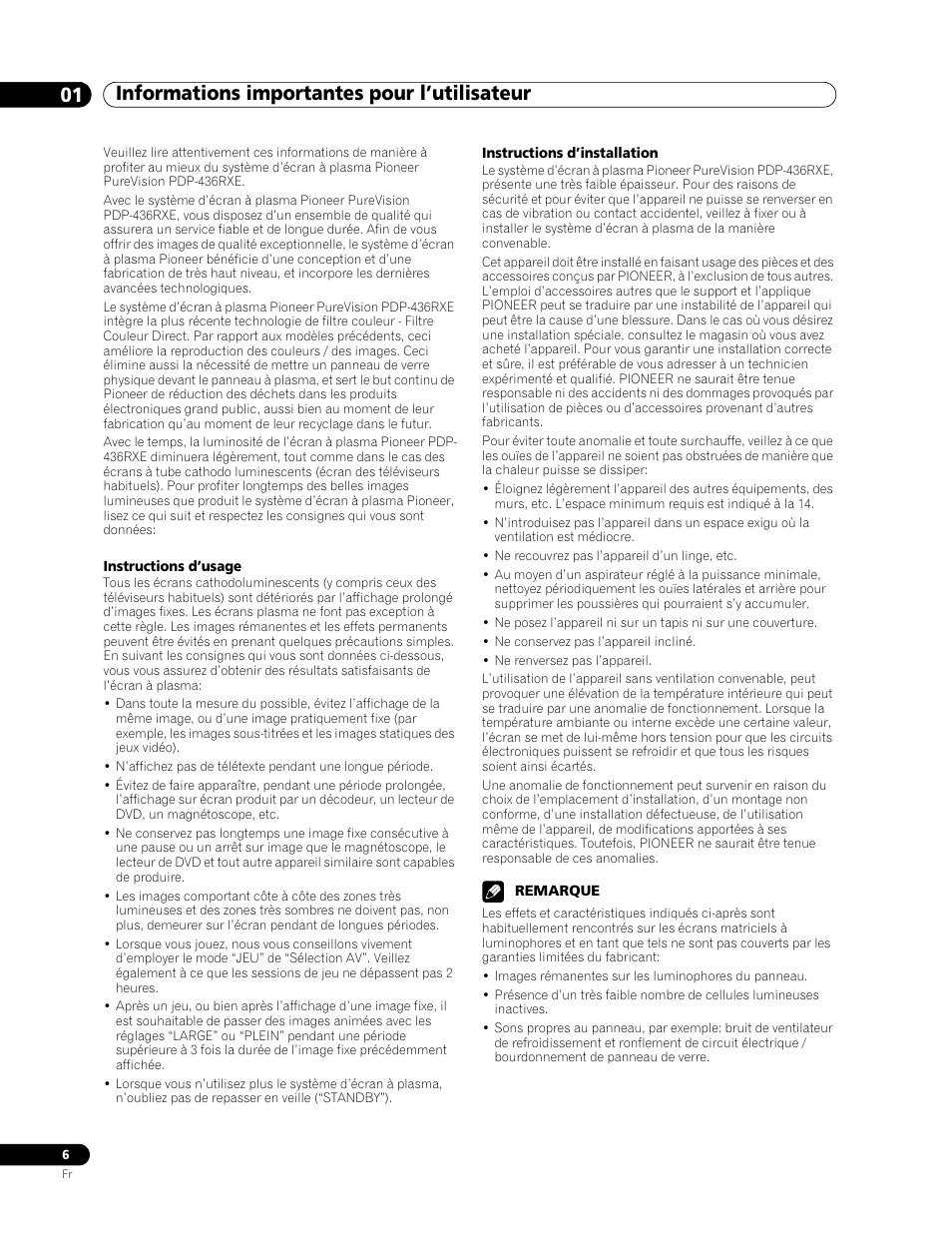 01 informations importantes pour, L’utilisateur | Pioneer PDP-436RXE User Manual | Page 50 / 136