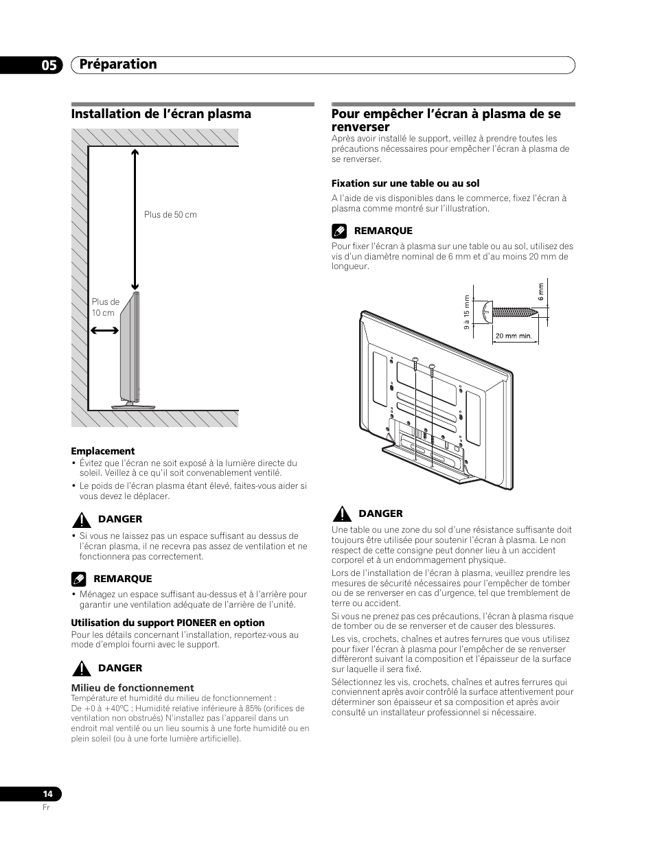 05 préparation, Préparation 05 préparation, Installation de l’écran plasma | Pour empêcher l’écran à plasma de se renverser | Pioneer PDP-436RXE User Manual | Page 58 / 136