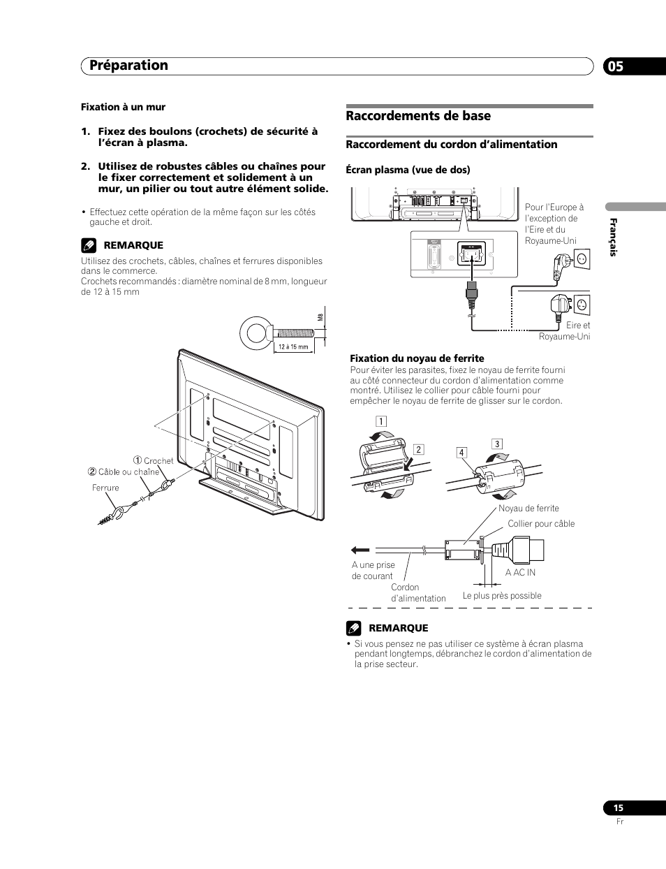 Raccordements de base, Raccordement du cordon d’alimentation, Préparation 05 | Pioneer PDP-436RXE User Manual | Page 59 / 136