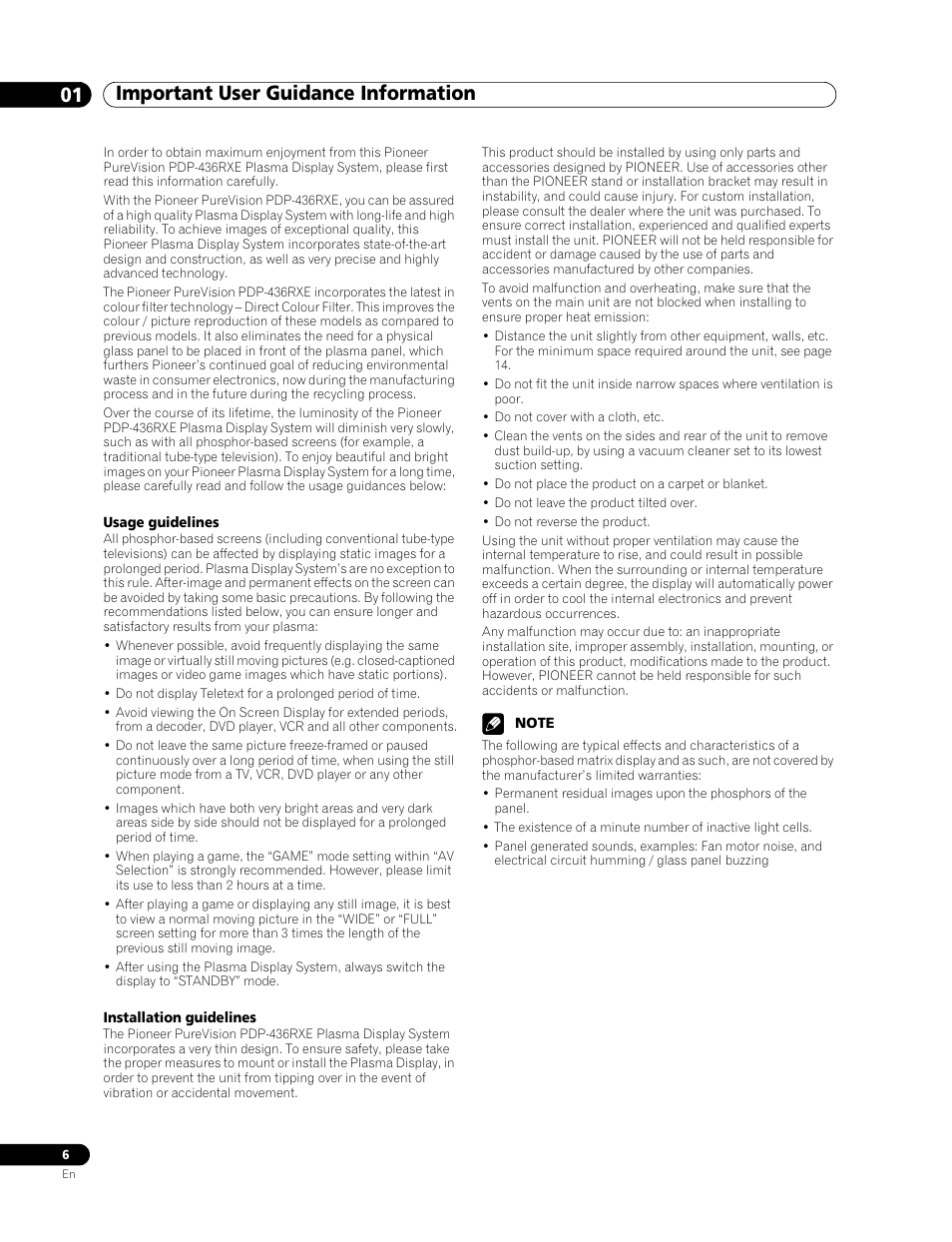 01 important user guidance information | Pioneer PDP-436RXE User Manual | Page 6 / 136