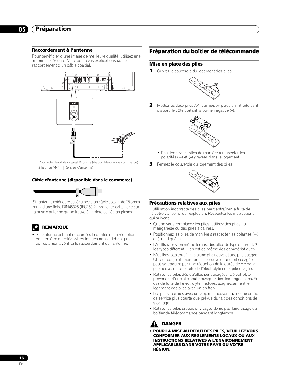 Raccordement à l’antenne, Préparation du boîtier de télécommande, Préparation 05 | Pioneer PDP-436RXE User Manual | Page 60 / 136