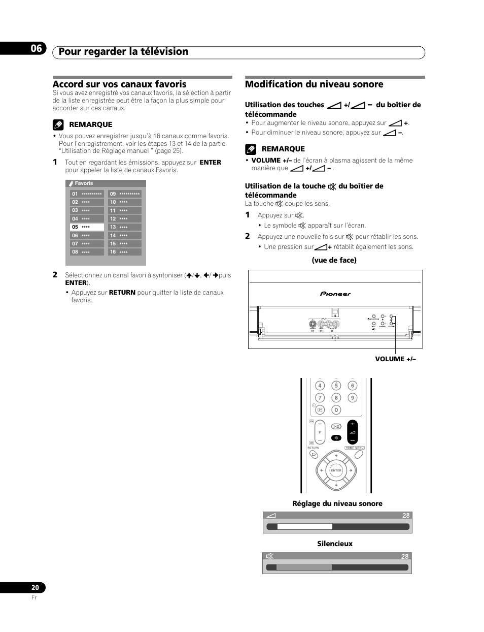 Pour regarder la télévision 06, Accord sur vos canaux favoris, Modification du niveau sonore | Pioneer PDP-436RXE User Manual | Page 64 / 136