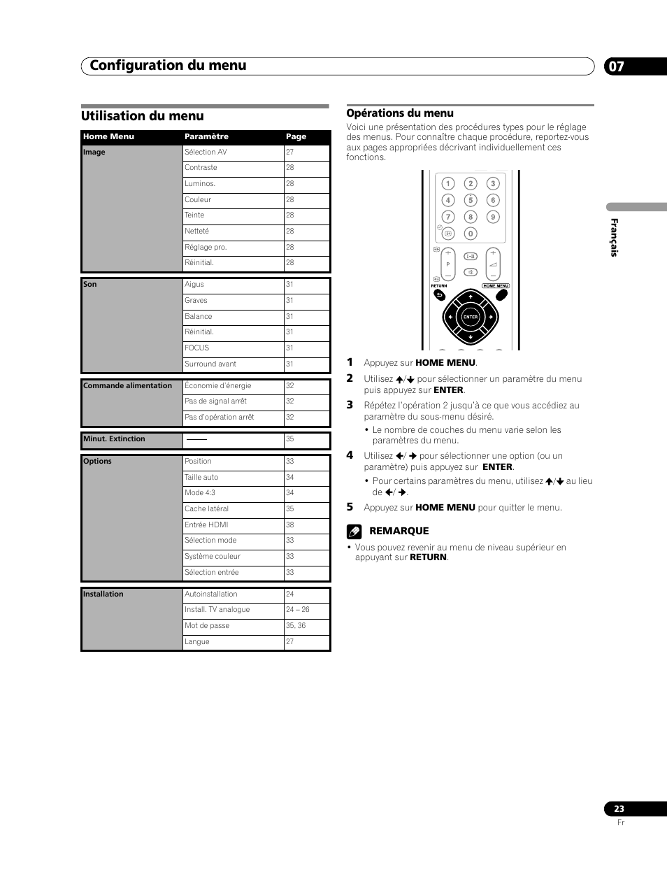 07 configuration du menu, Utilisation du menu, Opérations du menu | Configuration du menu 07, Configuration du menu | Pioneer PDP-436RXE User Manual | Page 67 / 136