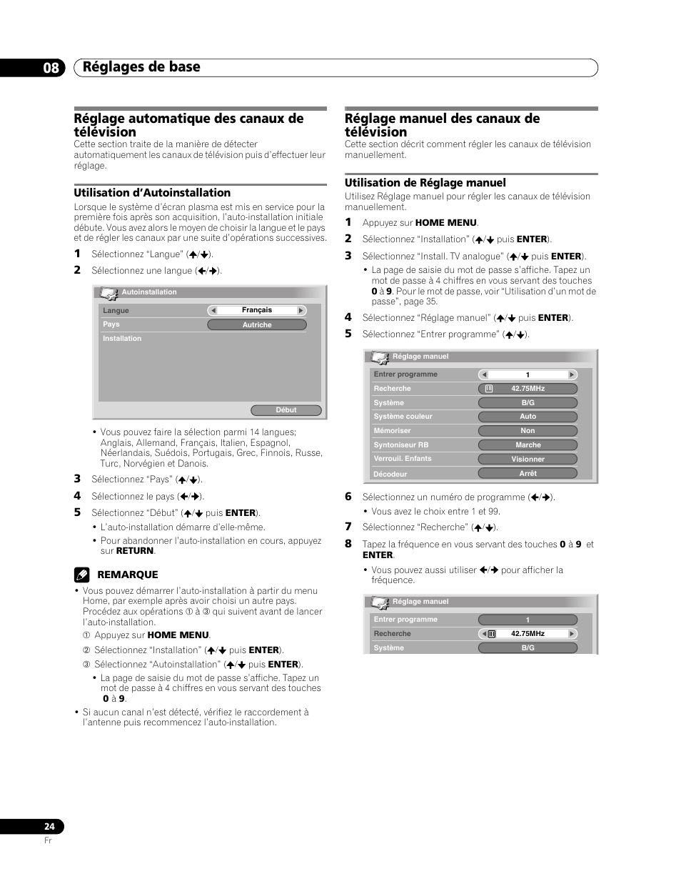 08 réglages de base, Réglage automatique des canaux de télévision, Utilisation d’autoinstallation | Réglage manuel des canaux de télévision, Utilisation de réglage manuel, Réglages de base 08 réglages de base | Pioneer PDP-436RXE User Manual | Page 68 / 136