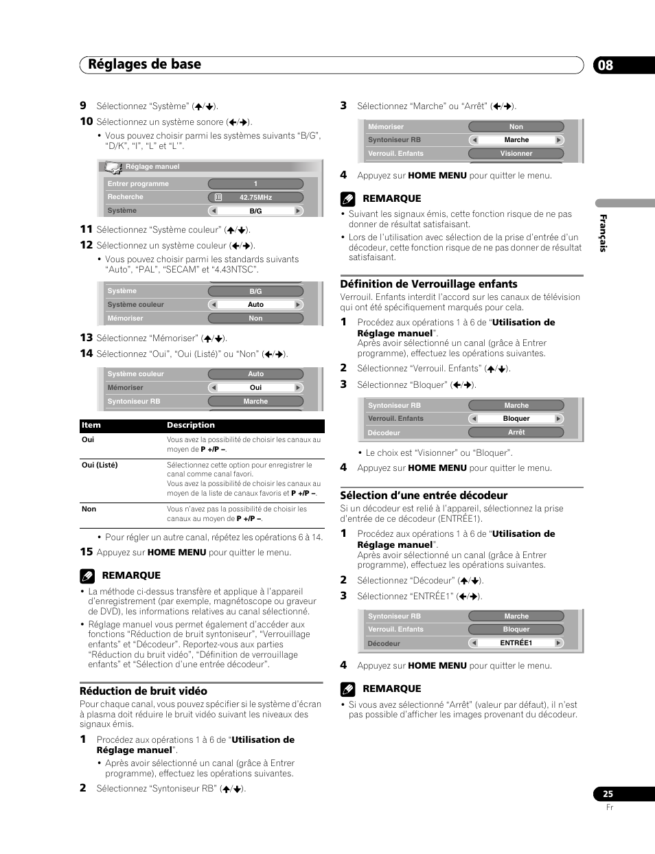 Réglages de base 08, Réduction de bruit vidéo, Définition de verrouillage enfants | Sélection d’une entrée décodeur | Pioneer PDP-436RXE User Manual | Page 69 / 136