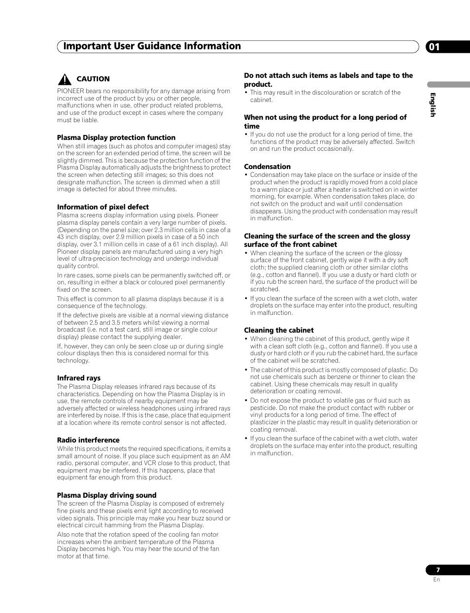 Important user guidance information 01 | Pioneer PDP-436RXE User Manual | Page 7 / 136