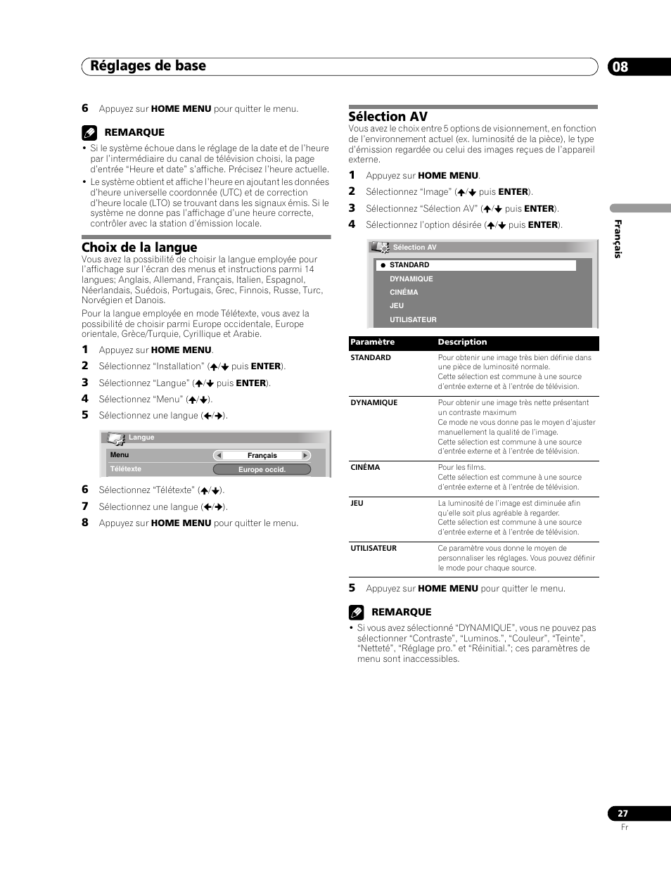 Choix de la langue sélection av, Réglages de base 08, Choix de la langue | Sélection av | Pioneer PDP-436RXE User Manual | Page 71 / 136