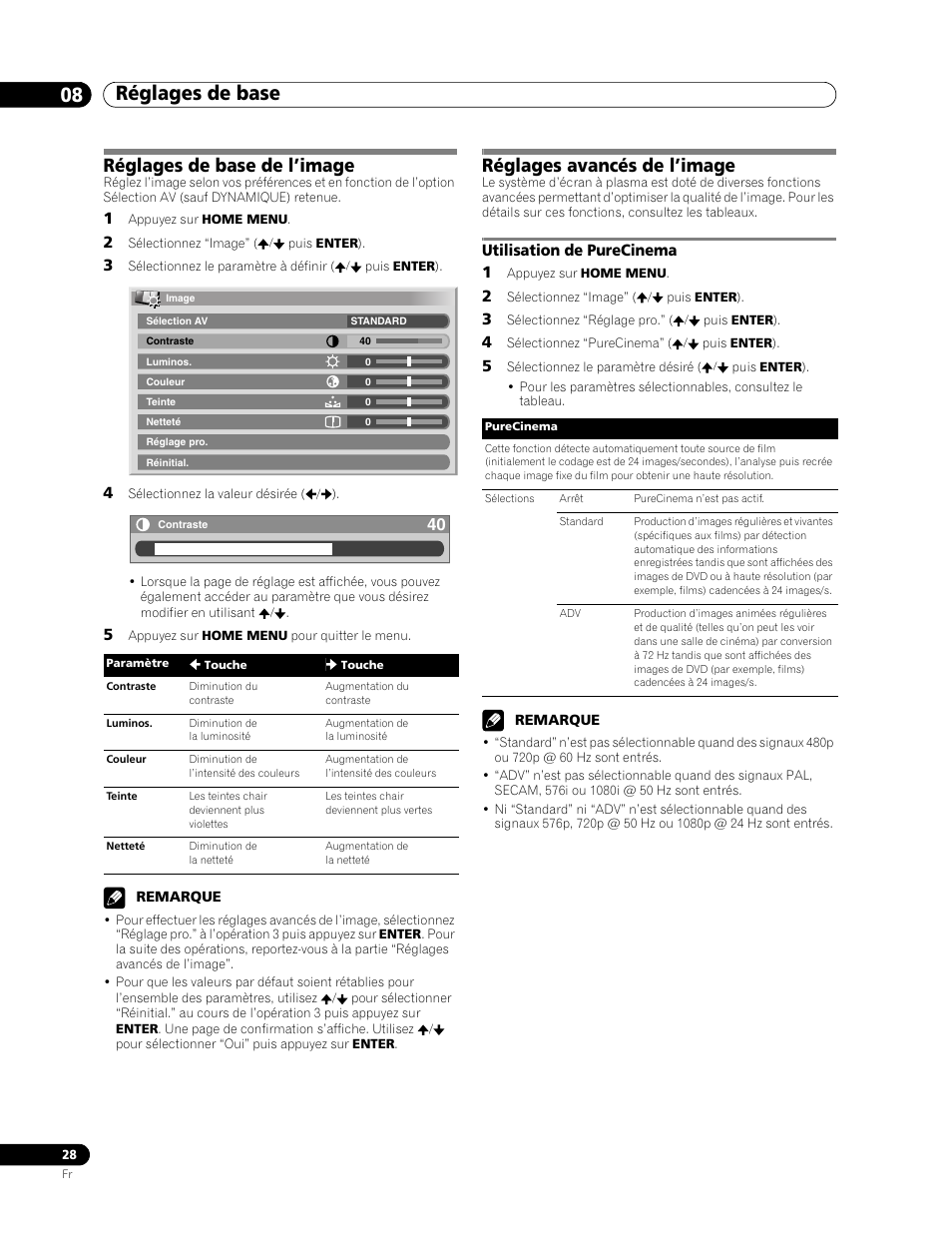 Utilisation de purecinema, Réglages de base 08, Réglages de base de l’image | Réglages avancés de l’image, Utilisation de purecinema 1 | Pioneer PDP-436RXE User Manual | Page 72 / 136